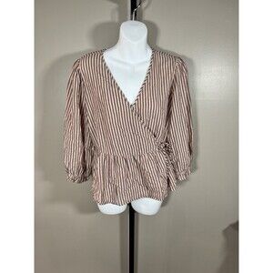 Madewell Beige and White Striped Wrap Peplum Blouse
